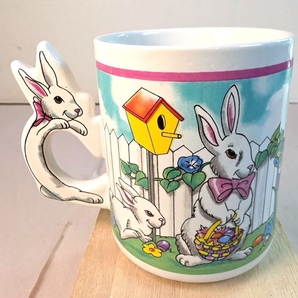 EUC Vintage Easter Coffee Mug  Rabbit Bunny Handles Retro Style Whimsy Kitchy